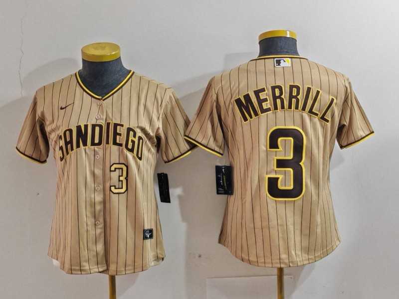Women%27s San Diego Padres #3 Jackson Merrill Tan NEW 2023 Cool Base Stitched Jerseys